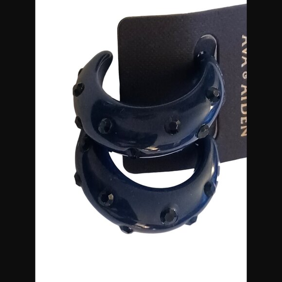 Ava & Aiden Dark Blue Acrylic Rhinestone Open Hoop Chunky Stud Earrings NWT - Picture 2 of 5